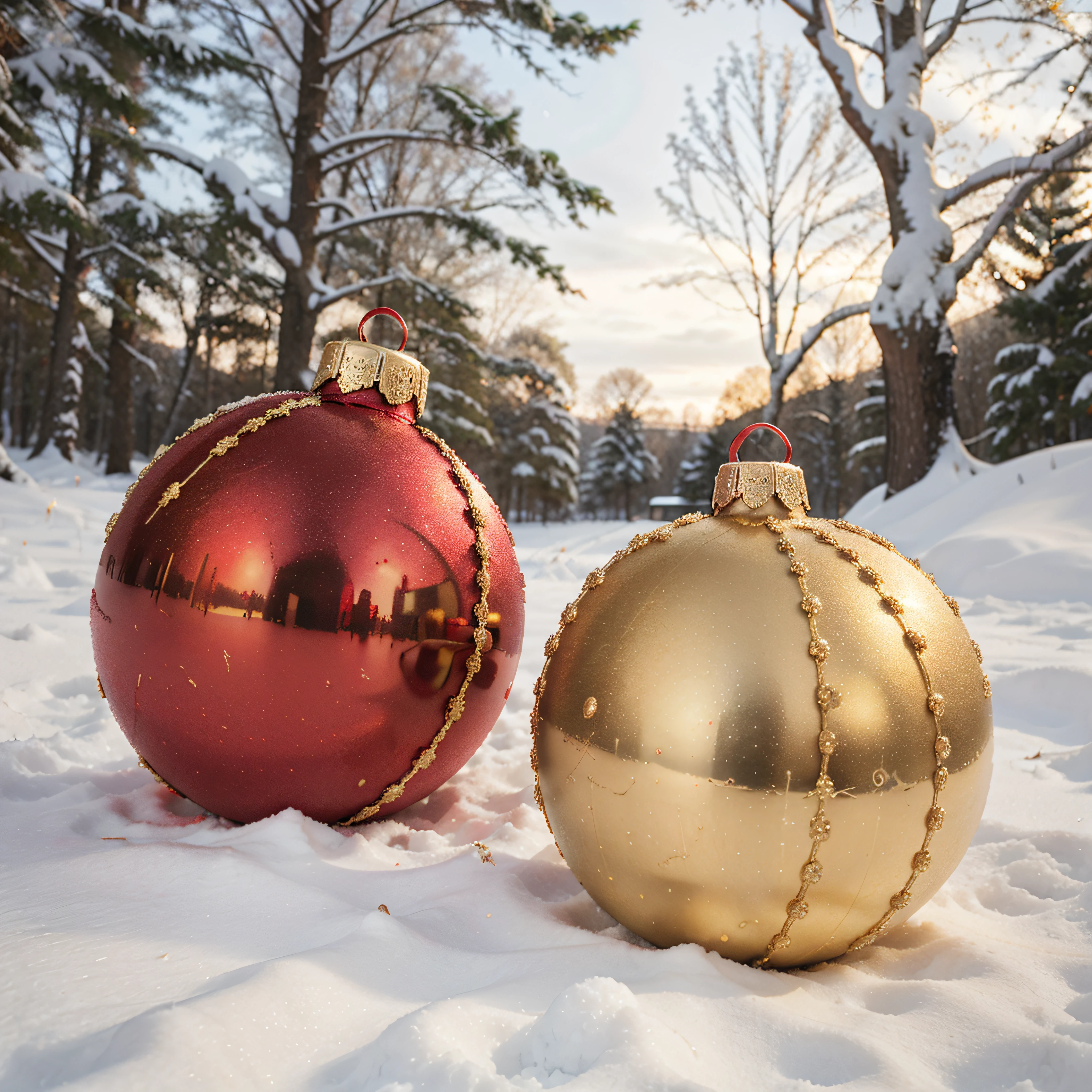 christmas balls red and gold in snowy nature with gifts in background