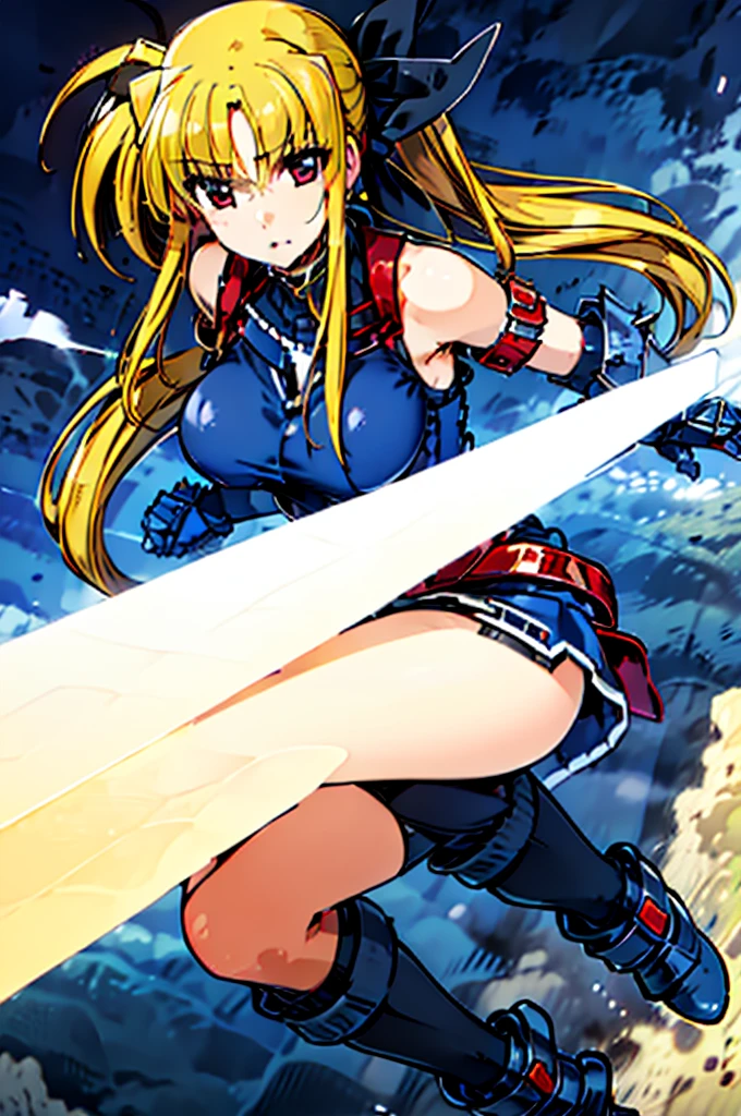 masutepiece, Best Quality, 1girl in, (((Falling from the sky))), Flying, Solo, Long hair, Looking at Viewer, Bangs, Blonde hair, Large breasts, Red Eyes, gloves, bow ribbon, Bare shoulders, Very long hair, Hair Ribbon, Ponytail, Leotard, a black ribbon, Red Belt, Floating hair, magical little girl, gauntlets, Black Leotard, Low ponytail, Cool, Iron Boots, metal boots, black thighhighs, Magic, thunder,