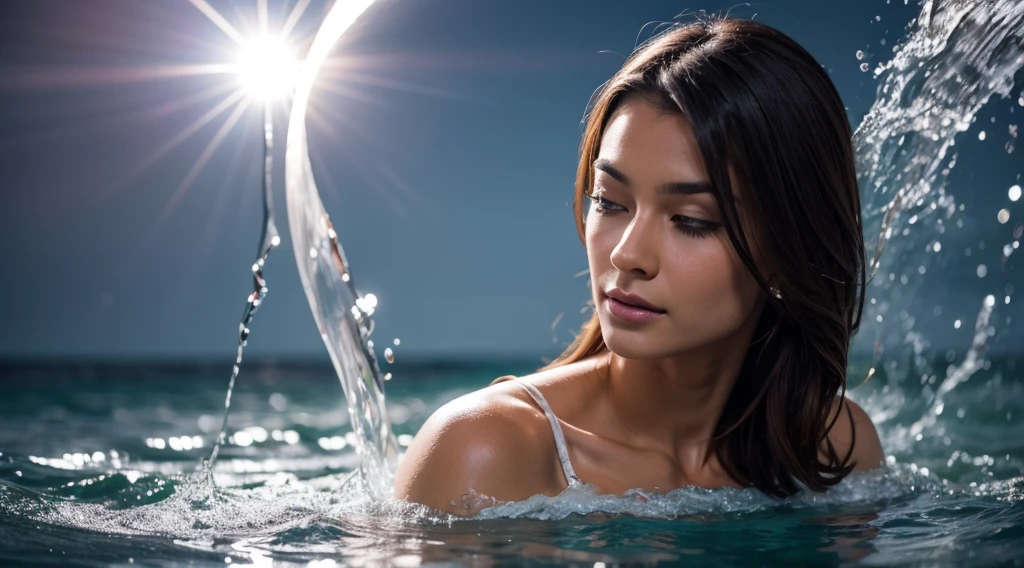 Multidimensional, Miraculous feeling, gentle light, image of being bathed in light, female facial muscles, lifting, multiverse background