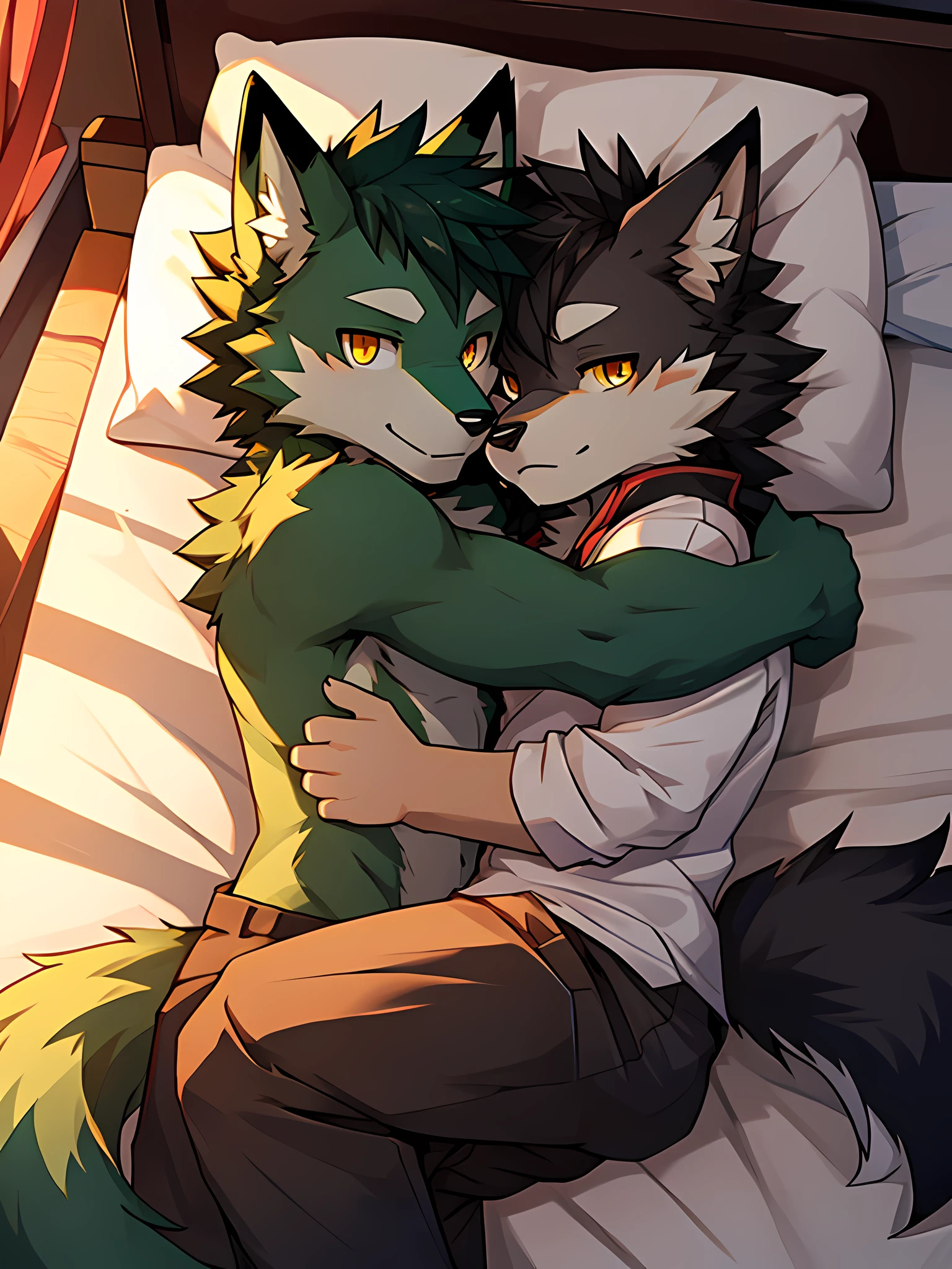 furry,Shota,green fur wolf,golden eyes,caress,black fur fox,Black eyes,on the bed in the bedroom,dawn