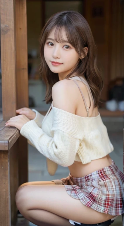 (Photorealistic), (ultra high realistic), (Ultra high definition), (ultra high detailed),, ( extremely beautiful girl、Young features), A pretty woman with perfect figure, Cute face, Beautiful expression, (Lifelike face), Beautiful hairstyle, (Sparkling eyes,) (fair and realistic skin,Beautiful skins, enticing)(natural make up、Tecateca lips)The ultra -The high-definition, A hyper-realistic, Realistic, Very detailed, japanes, Short Bob, bangss, (thick short coat and knee-high boots、idol, Tartan check)((very short mini skirt、The line of the buttocks is visible)) Gentle smile, Brown hair,、(the golden ratio、cleavage of the breast、extremely beautiful breasts、thin-waist、extremely beautiful butt)、(Squat on one knee ))、Looking back、