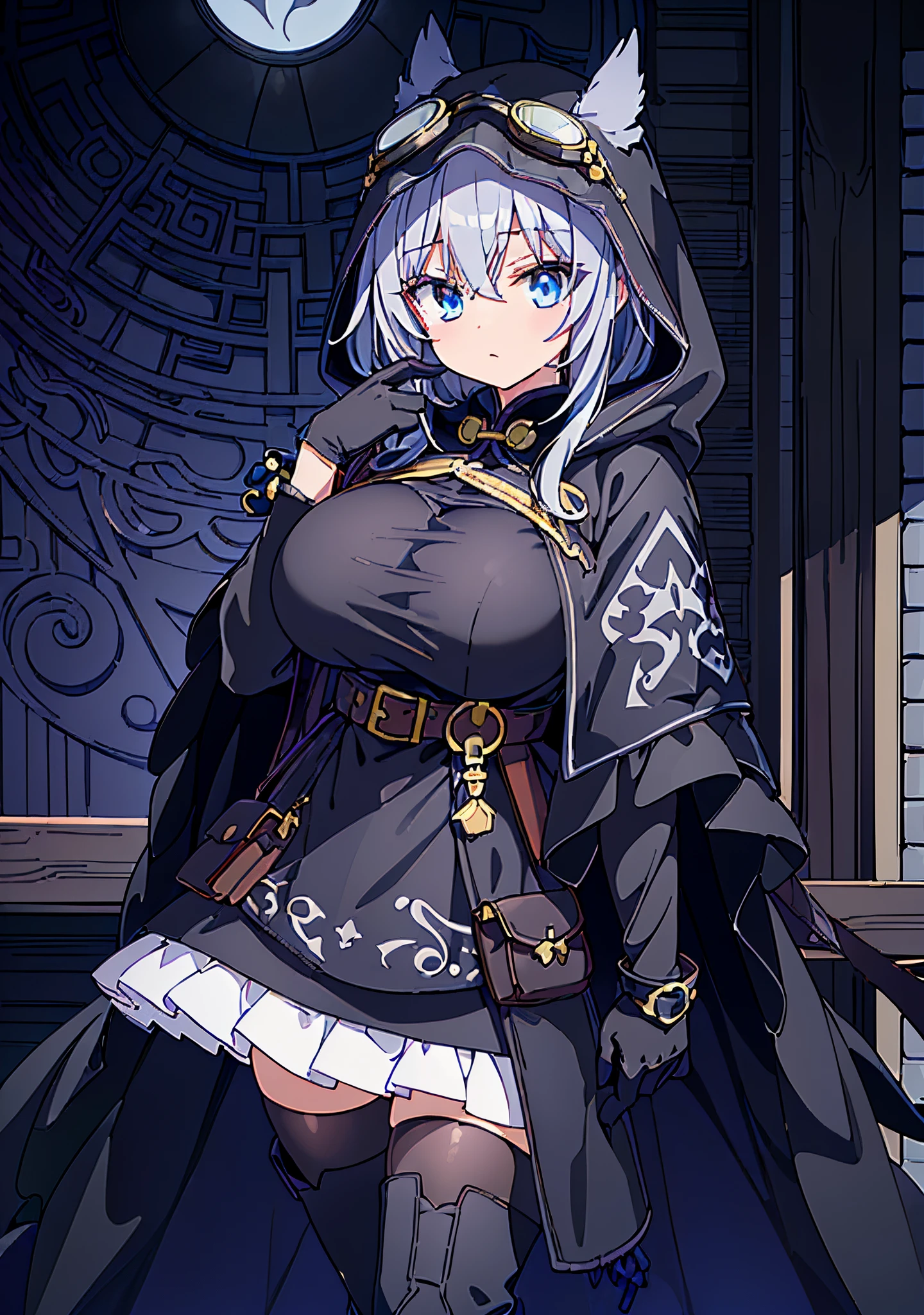 mulberry_(arknightlue_eyes, grey_hair, long_hair, bangs, feathered_hair, cloak, hooded_cloak, print_cloak, black_cloak, goggles, goggles_on_head, white_dress, short_dress, large cleavage, pouch, belt_pouch, belt, jewlery, beads, bracelet, chinese_knot, id_card, gloves, black_gloves, infection_monitor_(arknightlack_socks, boots, black_boots,very huge breast
