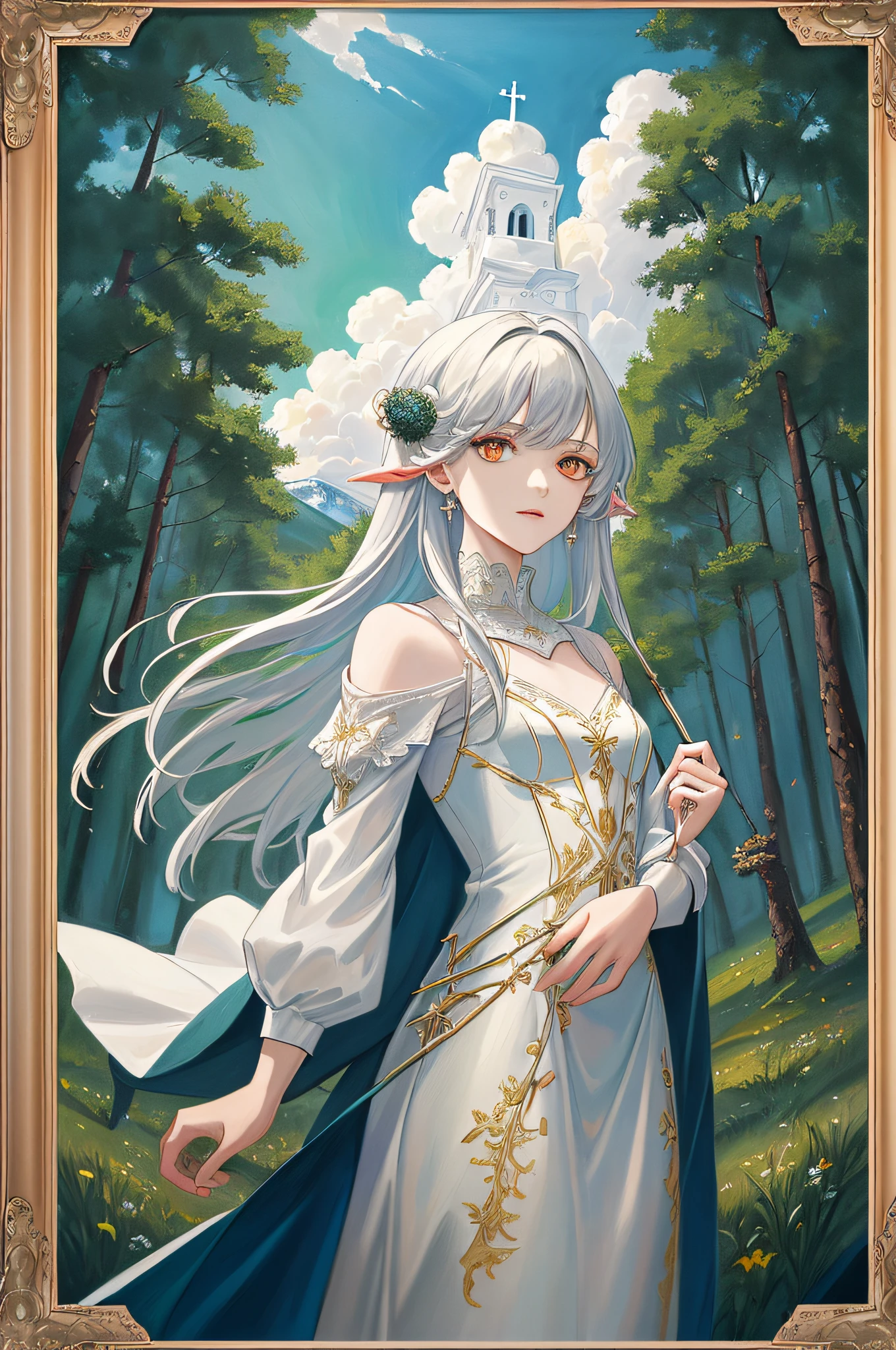 (highly detailed), ((masterpiece)),(Impasto), intricate, church painting,(((1 girl))) , painting frame, fantasy ,delicate grassland,sorceress,shepherd long white hair,red dragon eye,white dress ,(pretty face),beautiful detailed face,extremely delicate and beautiful girls,alps,evergreen coniferous forest ,clear sky ,wind ,beautiful sky ,cumulus