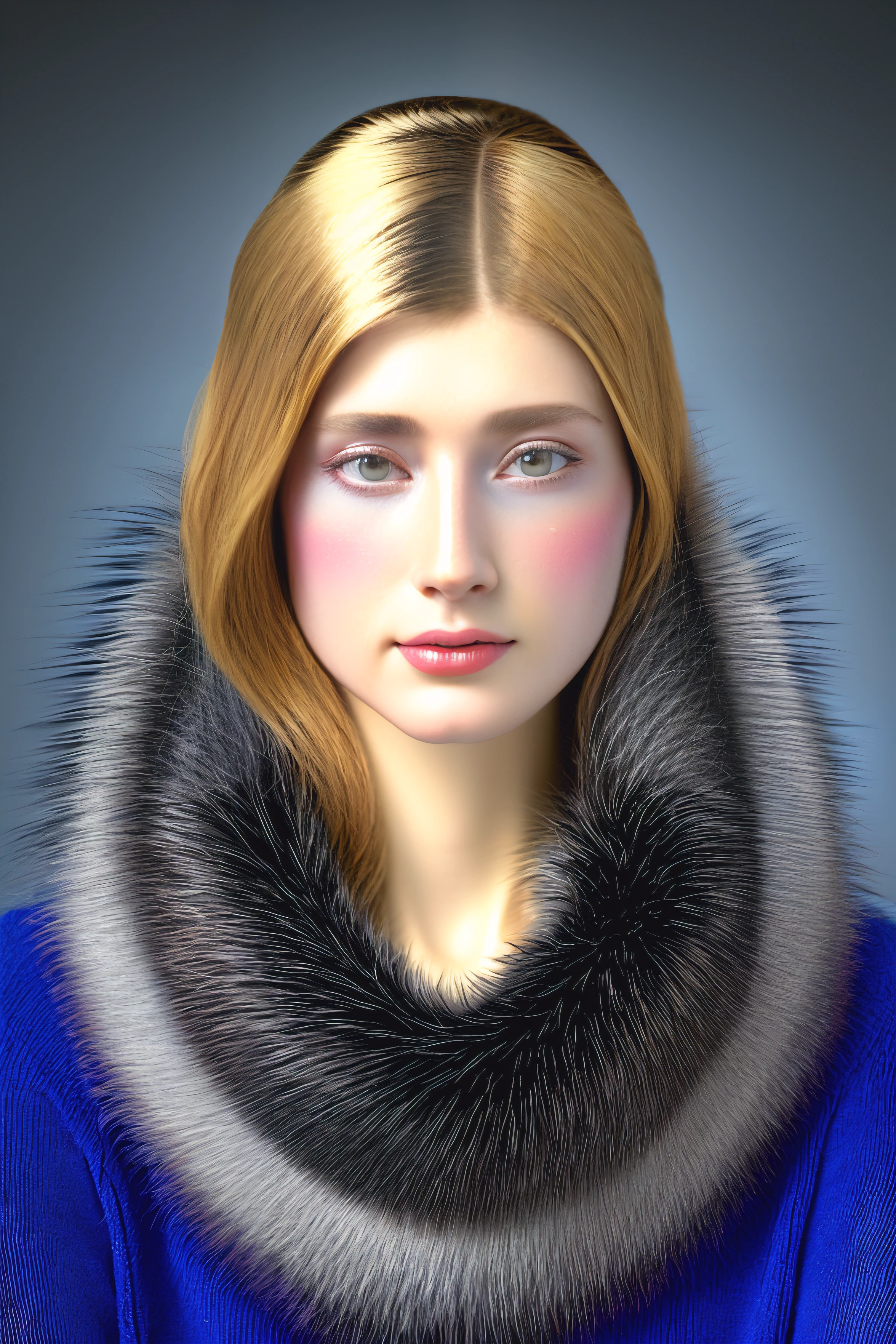 (Positive Focus, Original Photo), Portrait Close-up, (In the Dark:1.1), Surrealist Female Portrait David Hockney and Alphonse Mucha, Fantasy Art, 1 Girl, Wearing Gorgeous Fur with Realistic Photo, Dynamic Lighting, Art Station, Poster, Volume Lighting, Very Detailed Faces, 4 K, Award-Calling, Shadows, Understated, (Official costume: 1.4, Gorgeous Furs, Intricate Costumes, Furs), Looking at the camera, Bust Shot, ((Realistic Face))),