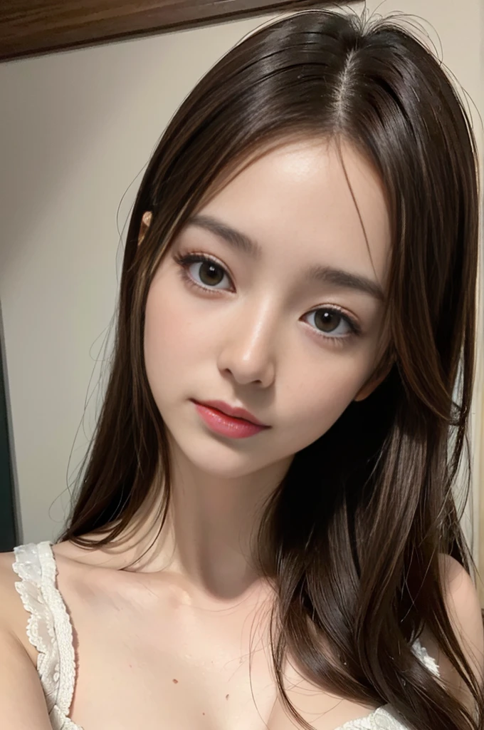 (Hight Resolution:1.3), (8K, Photorealcitic, Raw-Photo, The highest image quality: 1.4), Japanese people, (1girll), beautifull face, (Vivid faces), (Brown hair、middle way hair:1.3), beautiful hairstyle, RealisticEyes, beautiful-detailed eyes, (Real looking skin), Beautiful skins, Enticing, 超High Resolution A, A hyper-realistic, hoog detail, Golden proportions,looking at the photographer、