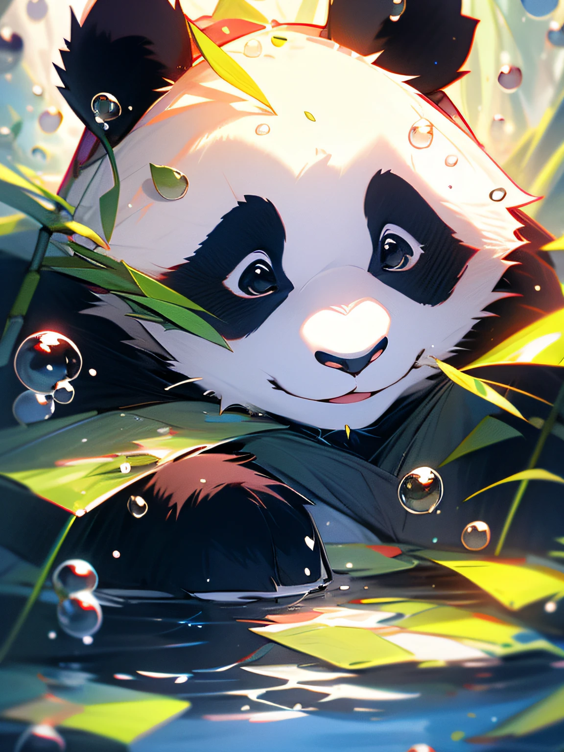 1 cute panda, face closeup, portrait, furry, leaves, no man, water, blisters, bubbles, more details, rich colors, cute smile, best quality, 8K, high saturation