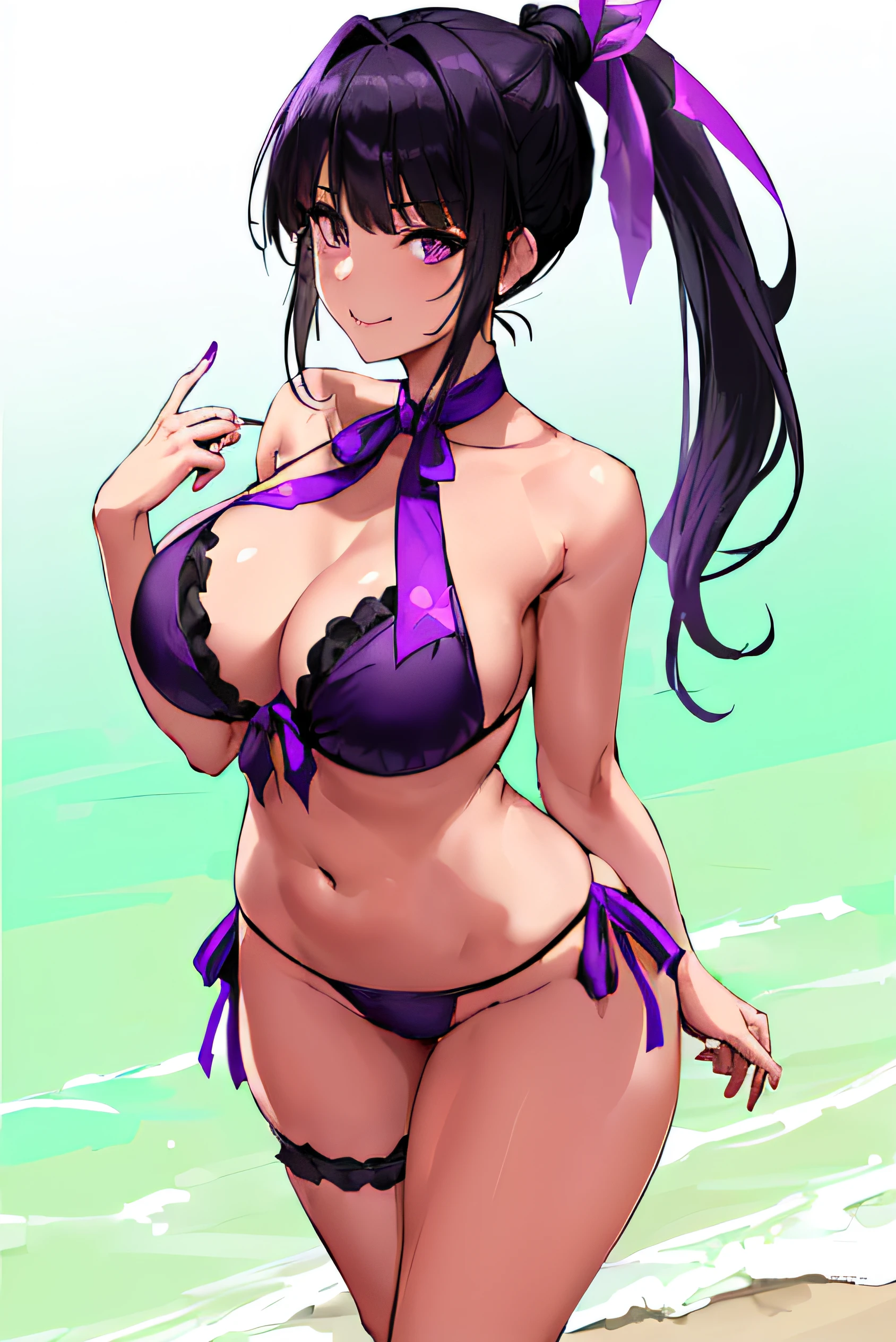background, (Her ponytail is tied with a purple ribbon:1.4), black bikini, fullbody
(best quality, masterpiece, RAW photo,ultra-detailed:1.2), 1girl, solo, looking at viewer, (black hair with purple strikes), ponytail, looking at viewer, tan skin, medium breasts, smile, (large ponytail), ((purple eyes))
