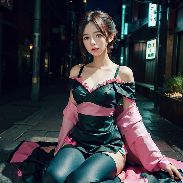 One Japanese Woman, super cute, perfect face, black gothic satin maid ballett costume, Off-the-shoulder spaghetti strap satin top, downtown tokyo, many pink and teal neon ads, absurdres, high res, ultrasharp, 8K, masterpiece, looking at viewer