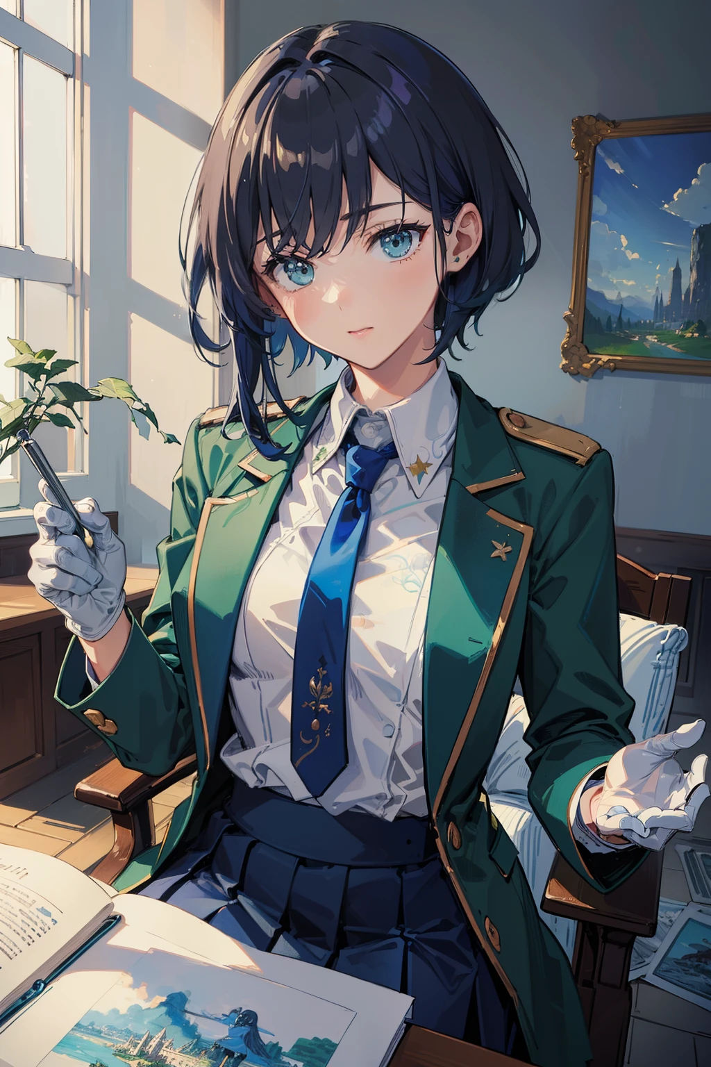 (best quality:1.3), (masterpiece:1.3), (illustration:1.3), (ultra-detailed:1.3), ((Best quality)), oki aoi, blue hair, green uniform, necktie, gloves, green coat, black skirt