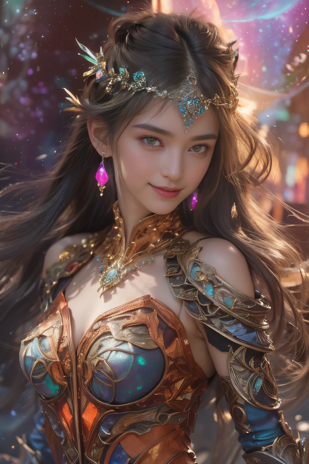 photographrealistic, Official art, unity 8k wall paper, Very high resolution,
(One beautiful teenage italian girl、She、Featuring a beautiful fractal or marble design、She wears a detailed rainbow-colored bodysuit。:1.5), (she is showing beautiful armpits:1.5) Incredible and spectacular scenes, Blue Plasma Brain, Green Plasma Body, (Lewd smile:1.2), Obscene, (Immoral:1.2), (She has small breasts, (The pink areola is beautifully raised.:1.5), (Expression of ecstasy:1.2), (Incredibly beautiful nature background:1.6), (18 years old:1.5), (A coquettish expression:1.6), (seductively smiling:1.6), (erotic posing:1.9), (Model Posing:1.8), Beautiful seductive face, Portrait, (Thick eyebrows:1.4), (She has large symmetrical scarlet eyes that shine:1.6), (High-resolution red-eye:1.6), (ultra detailed skin texture:1.4), pale skin, Perfect Anatomy, (Beautiful toned body:1.5), dense beautiful hair, (Moist skin:1.2), (No makeup:1.3), (dark circles:1.1), (Emilia Clark:0.6) (Emma watson:0.3), (Jennifer Connelly:0.4), (sensual face:1.5), (Around her neck is a simple necklace of exquisite workmanship), (Bioluminescence with brilliant brilliance:1.4), (Luminous magic circle:1.5), Ruins of an ancient castle, Shining majestic cloud masses and sky, lightning bolt, Epic Realistic, (Greg Rutkowski:0.8), (teal and orange:0.4), (Art Station:1.5), (NSFW:1.2), (Wearing a gauntlet with a dense and very beautiful design decorated with jewels:1.1), Small chest, Galaxy, (nebulas:1.6), (Beautiful fece, plain forehead:1.2), The Dark Knight, Fully armored body focus