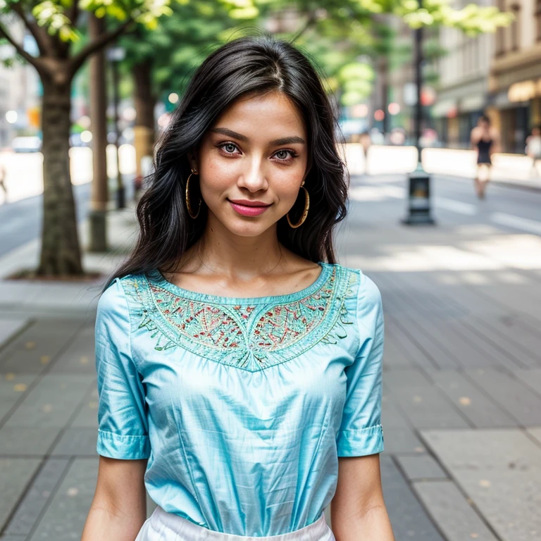 Beautiful woman, (eyes 1.2), (small nose), (lips 1.4), jet black hair, long hair, slim waist, tanned skin, blue eyeest quality, 4k, 8k, high resolution, masterpiece: 1.2), ultra-detailed,photorealistic:1.37,portrait,summer,walking in the city,casual clothing,gentle smile,vibrant colors,sunny day,soft lighting,cityscape background,sidewalk,eternal beauty,natural beauty,elegant posture,fresh breeze , charm, light makeup, sophisticated elegance, carefree aura, small intricate earrings detailed in the earlobe.