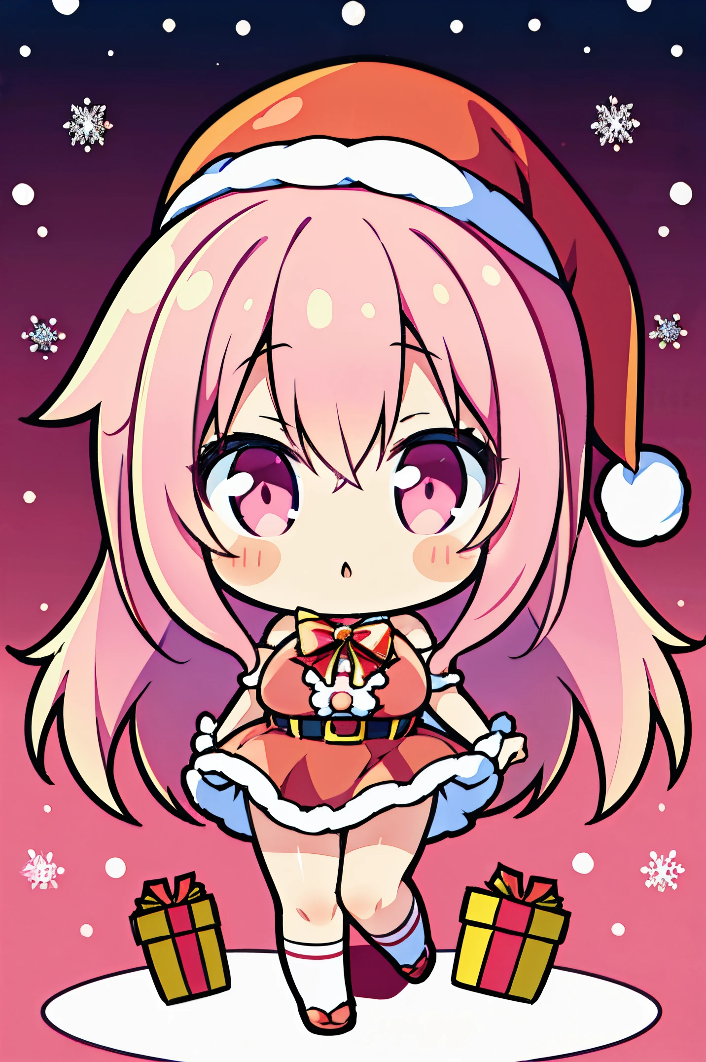 "anime girl, 1 person, pink hair, pink cat ears, pink eyes, santa hat, santa shirt, red dress, stockings, big breasts, solo, standing cross-legged, falling snow, Christmas gift box, chibi,full body(full HD 4K+ image)" front view