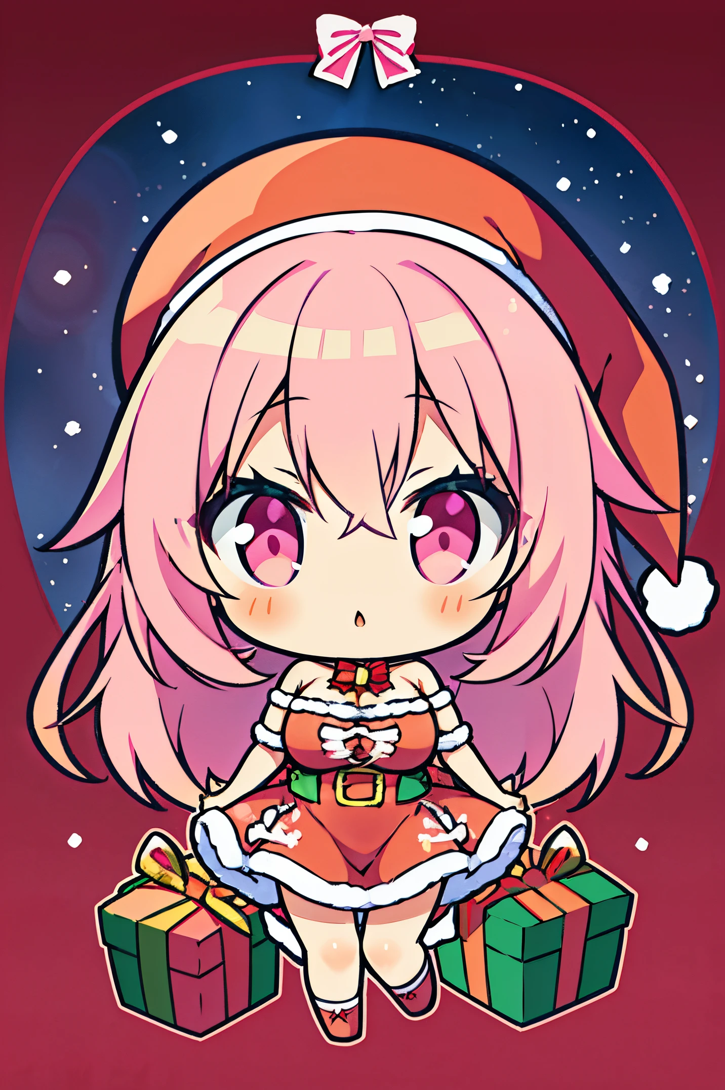 "anime girl, 1 person, pink hair, pink cat ears, pink eyes, santa hat, santa shirt, red dress, stockings, big breasts, solo, standing cross-legged, falling snow, Christmas gift box, chibi,full body(full HD 4K+ image)" front view