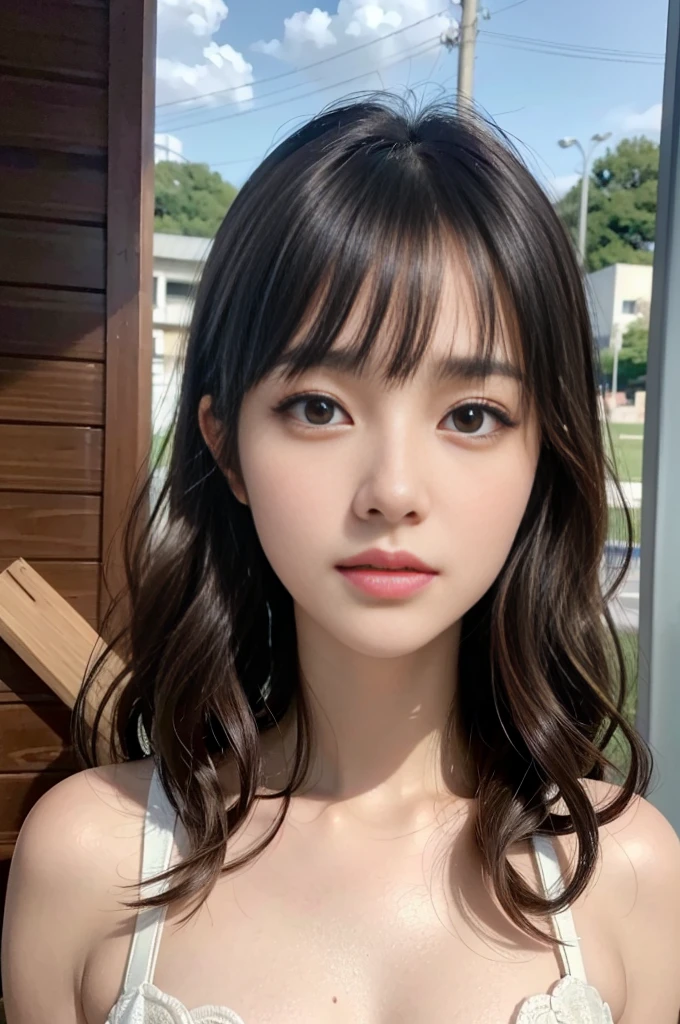 (Hight Resolution:1.3), (8K, Photorealcitic, Raw-Photo, The highest image quality: 1.4), Japanese people, (1girll), beautifull face, (Vivid bangs wavy hair:1.3), beautiful hairstyle, RealisticEyes, beautiful-detailed eyes, (Real looking skin), Beautiful skins, Enticing, 超High resolution A, A hyper-realistic, hoog detail, Golden proportions,looking at the photographer、
