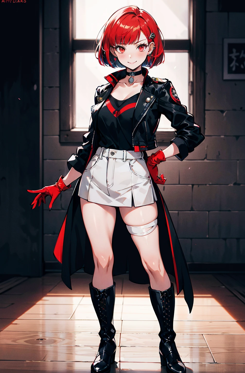 in the style of persona 5, smal breast, delinquent, (sukeban), mature_female, blush, mature, older woman, 25 years old, Sukeban teacher outfit, (1girl, solo female, solo, solo focus)++++, choker, sukeban school teacher, sukeban school fighter, long_sleeves, open jacket, blue jacket, jean, light skin tone female, full body, jacket, biker jacket, tape, arm_support, gloves, red_gloves, bridal gauntlets, nail polish, boots, hioots, black_footwear, fighter outfit, full body, hourglass, mature face, cheeky smile, cheeky face, wrinkles, (red hair, short hair, bob cut, earrings, ear piercings), red eyeighting art, Martial arts, standing, fighting_stance, fight, fighting), extra colors, 2D, megapixel, perfectionism, accent lighting, full HD , (Masterpiece:1.2), (full-body-shot:1),(cowboy shot:1.2), (Highly detailed:1.2),(Detailed Face:1.2), Colorful, A detailed eye, (Detailed landscape:1.2), (natural lighting:1.2), ((sukeban school teacher)) by Vincent Di Fate: Aidyllery, Anamorphic Shot, rule of thirds, face by Artgerm and WLOP,
