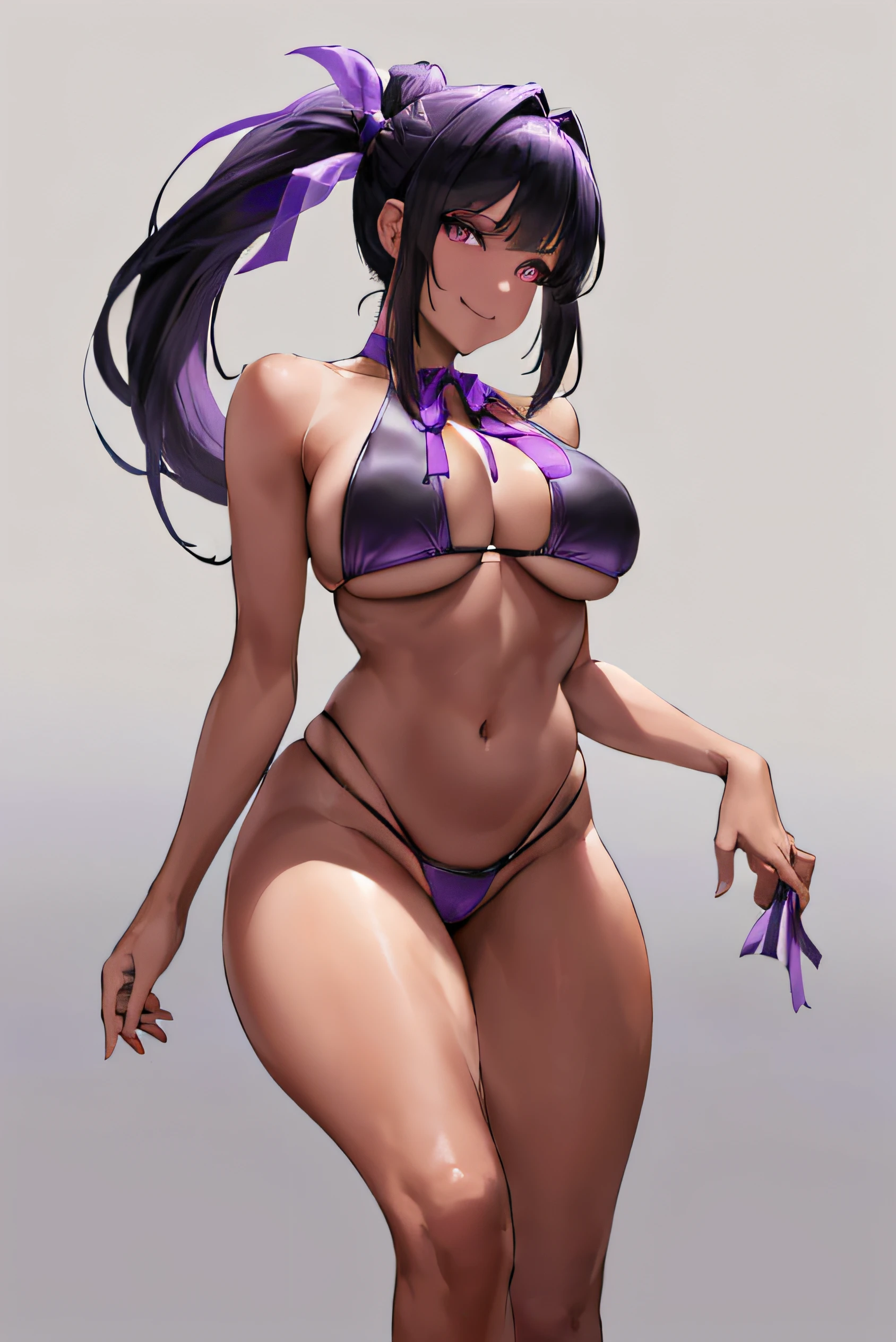 background, (Her ponytail is tied with a purple ribbon:1.4), black bikini, fullbody
(best quality, masterpiece, RAW photo,ultra-detailed:1.2), 1girl, solo, looking at viewer, (black hair with purple strikes), ponytail, looking at viewer, tan skin, medium breasts, smile, (large ponytail), ((purple eyes))