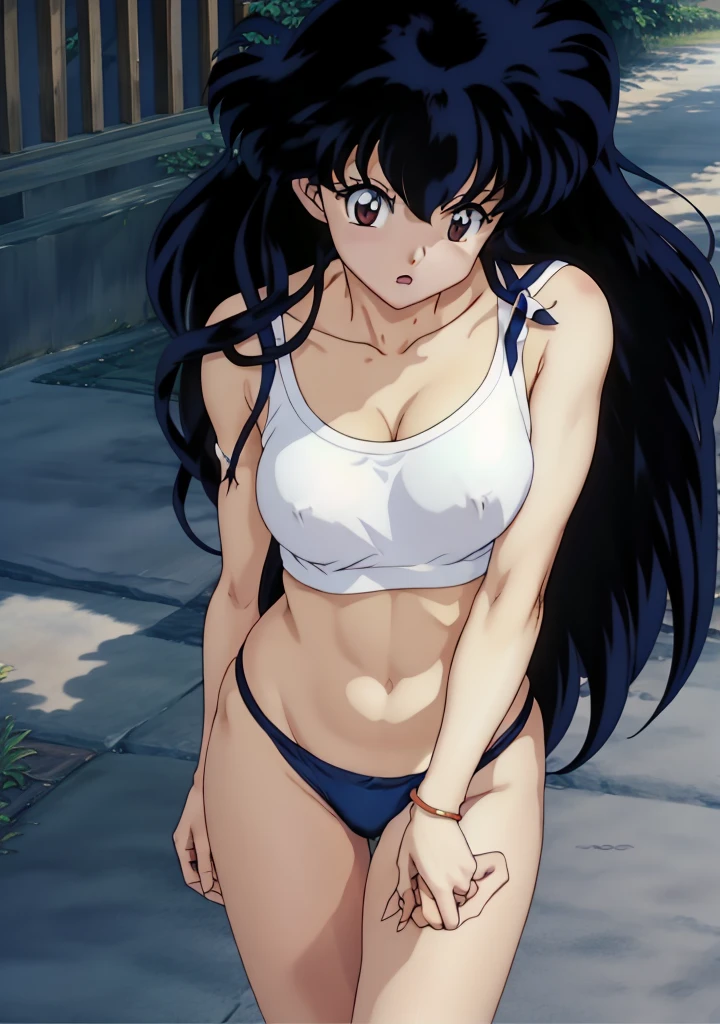 Kagome、animesque、((femele))、Perfect litthing、warm colors、Photorealsitic、(hyper realisitic:1.2)、perfect  eyes、Walking down the street to school、(Rumiko Takahashi:1.25)、Underwear、White underwear、White bra、white panty、Underwear with a small area、in one's underwear only、Nipples are coming out、teats、teats、teats、