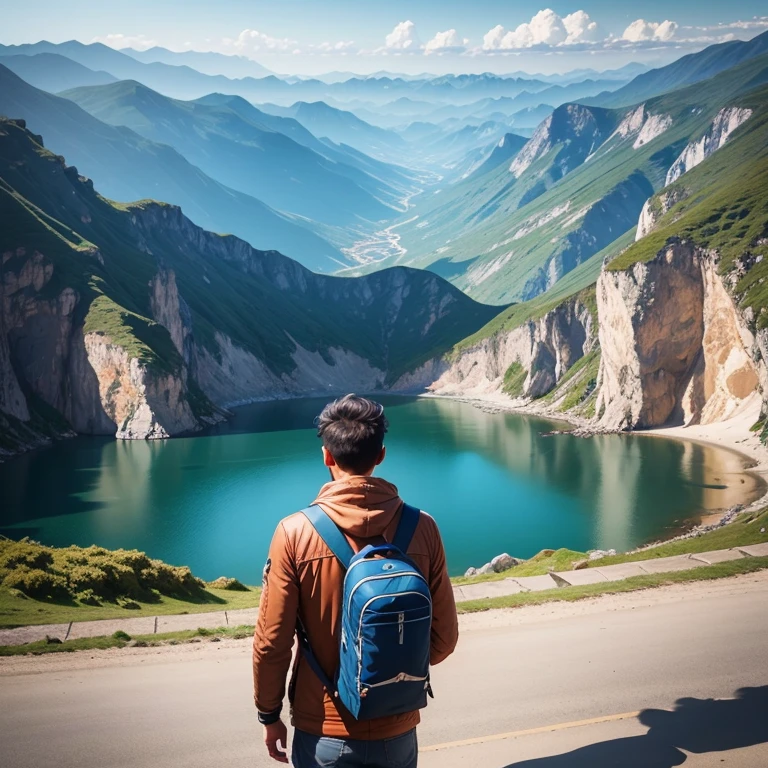 A male traveler looks at the mountains and sea in the distance，The center of the picture is the mountains and the sea。Male traveler in the lower left corner of the picture。compared to the scenery，The traveler looks small。