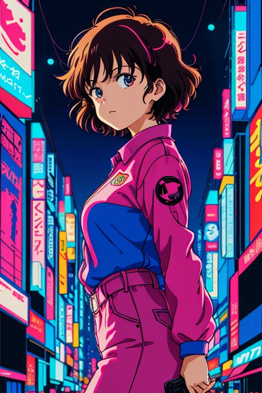 masterpiece, best quality, 1girl, city pop, akira, kyoto animation, night, neon lights, looking at viewer, worried expression, vector illustration, 80s clothing, short hair, 80s, synthwave, abstract background with shapes, manga panel, 80s anime, retro poster