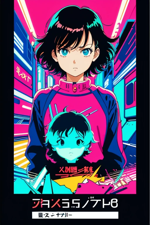 masterpiece, best quality, 1girl, city pop, akira, kyoto animation, night, neon lights, looking at viewer, worried expression, vector illustration, 80s clothing, short hair, 80s, synthwave, abstract background with shapes, manga panel, 80s anime, retro poster