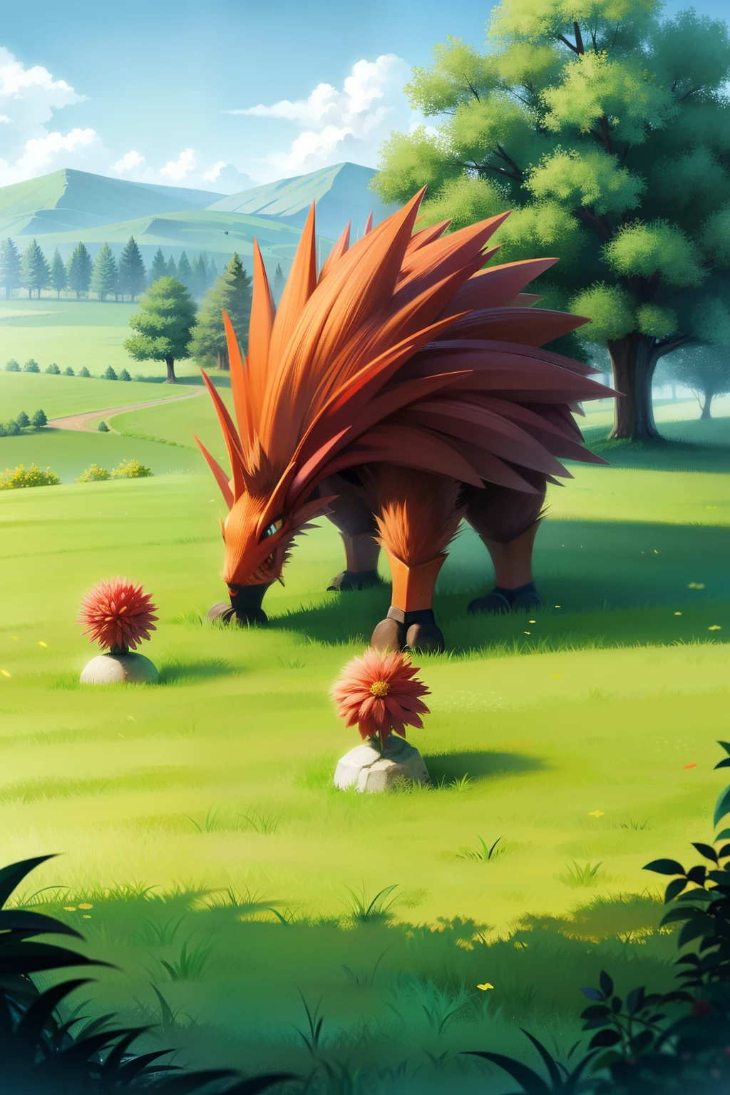 pokemon type monster for game. meadow in background. grass type monster. the monster is centered in the bottom middle.