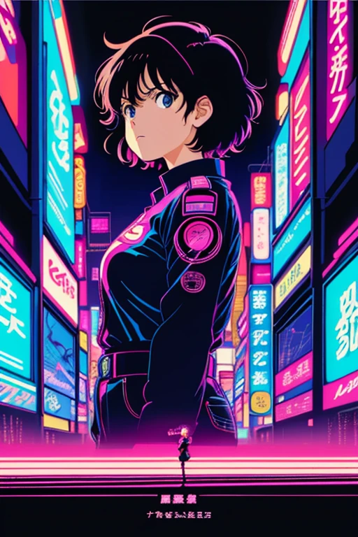 masterpiece, best quality, 1girl, city pop, akira, kyoto animation, night, neon lights, looking at viewer, worried expression, vector illustration, undercover, 80s clothing, short hair, 80s, synthwave, abstract background with shapes, manga panel, 80s anime, retro poster