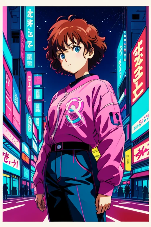 masterpiece, best quality, 1girl, city pop, akira, kyoto animation, night, neon lights, looking at viewer, worried expression, vector illustration, undercover, 80s clothing, short hair, 80s, synthwave, abstract background with shapes, manga panel, 80s anime, retro poster