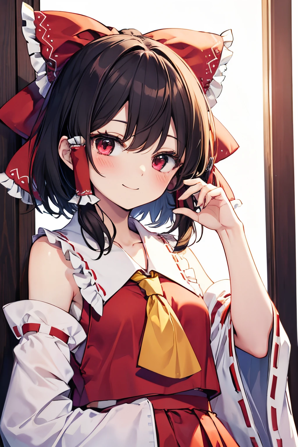 Hakurei Reimu,Touhou project, smile, blush , half body, short hair