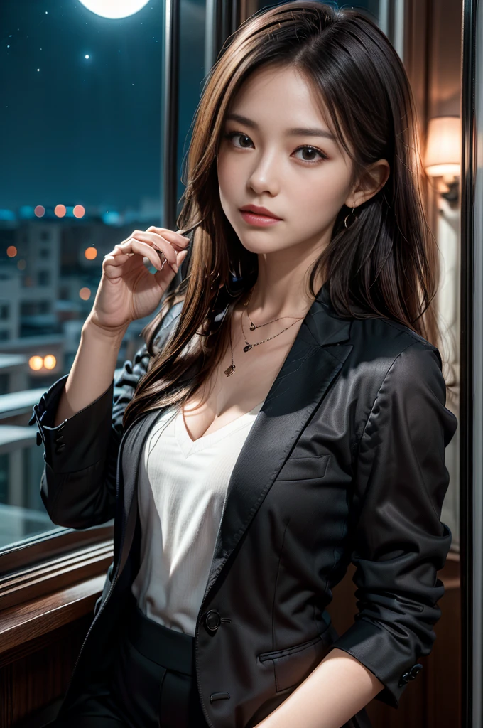(Photoreal Stick:1.5, masutepiece:1.5, 8K), (top-quality, masterpiece, 超A high resolution), Perfect dynamic composition, Professional camera work:1.4, Highly detailed skin and facial texture:1.3, Mystical portrait:1.3, Grow Light Effect, The ultra-detailliert, 1girl in, ((Night view from inside the building, Please turn off the lights in the room, Dark atmosphere, The moonlight at night shines through the glass)), ((V-neck shirt:1.0 black tailored suit suit jacket)), Model body type, Clear face, Precise and detailed needle, Beautiful and detailed eyes, (Enraptured look:0.8, i love you completely:0.8), A mouthfeel that feels beautiful eros, Dark brown medium hair, the chest is medium, a necklace