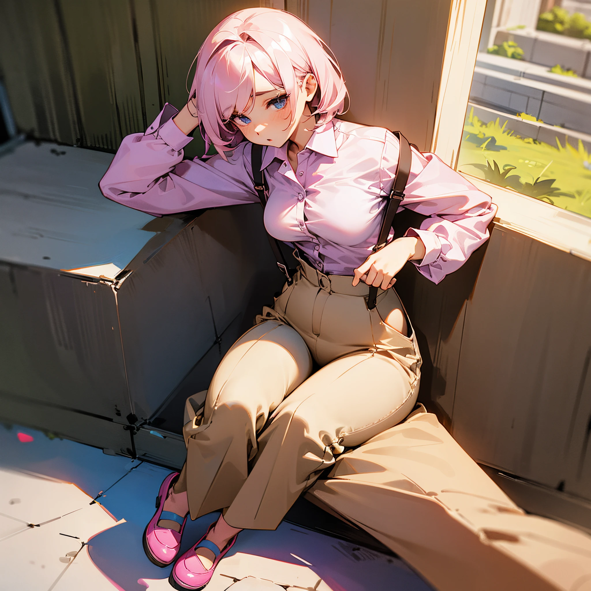 Small heavy breasts, large hips. Older girl. Wearing an unbuttoned shirt. Wearing pants with suspenders. Wearing one pink shoe, the other is bare. She is Sitting on a hill.