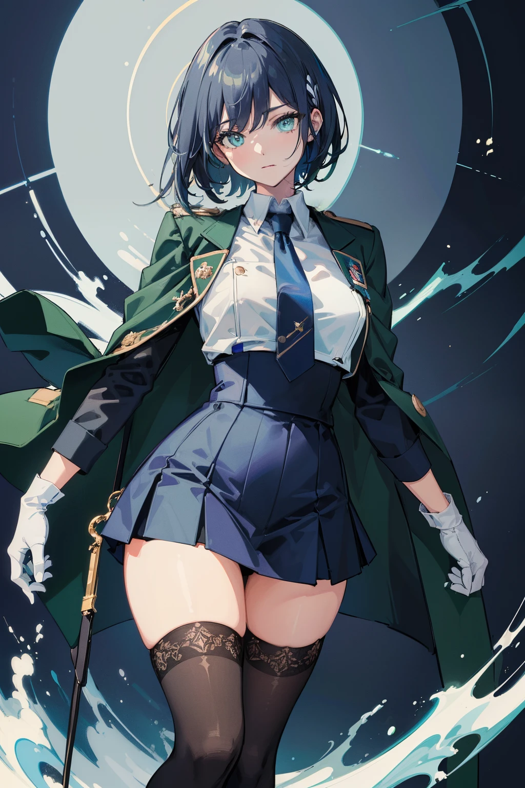 (best quality:1.3), (masterpiece:1.3), (illustration:1.3), (ultra-detailed:1.3), ((Best quality)), oki aoi, blue hair, green uniform, black necktie, gloves, green coat, black skirt, standing, knee-high socks, teenager, gloves