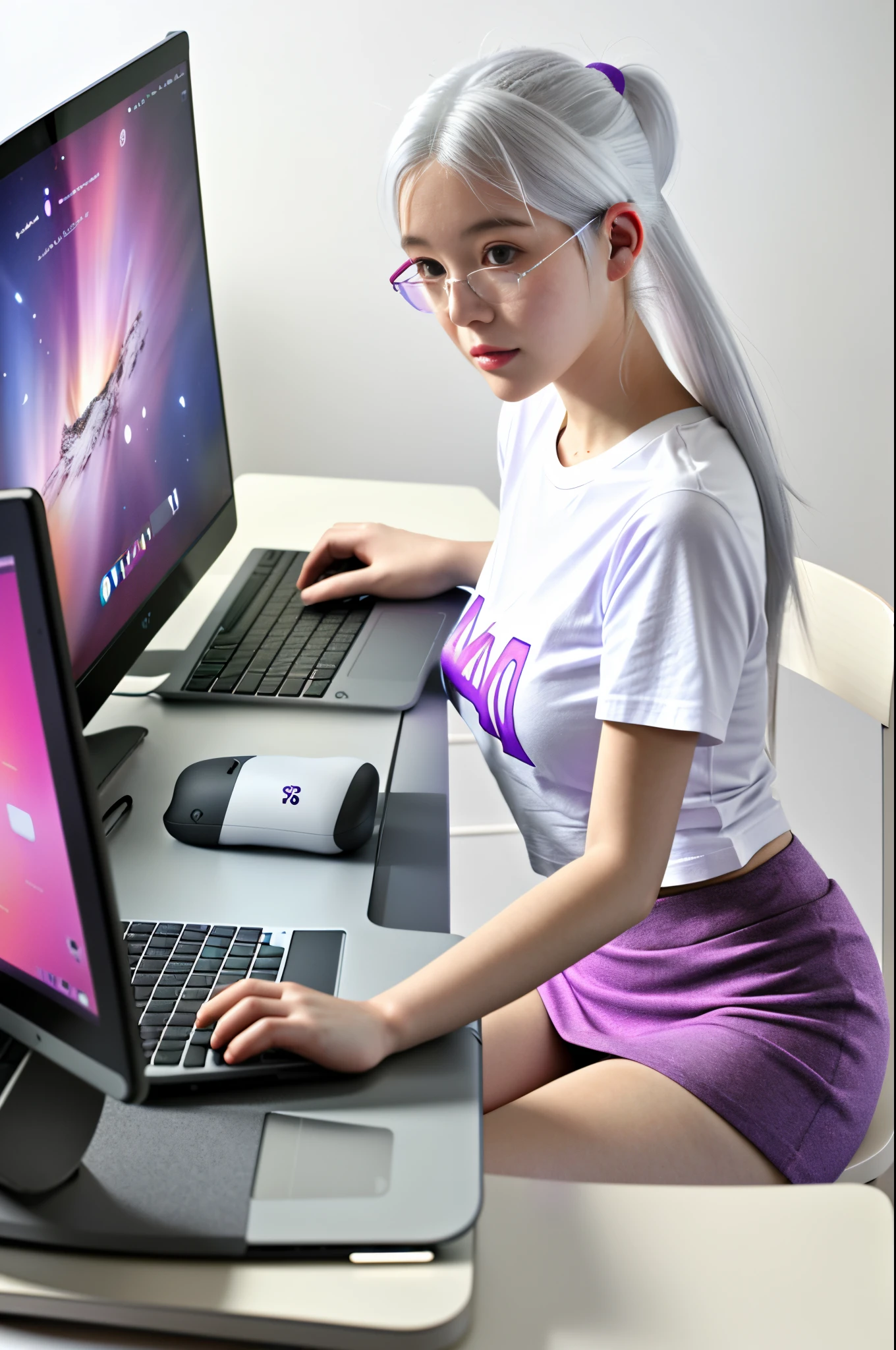 A girl playing computer in study, white hair, tech-style, pink, purple, blue, monitor, keyboard, notebook, desk, computer host, mobile phone, mouse, stereo, illustrations, iphone, mac, MacBook, AirPods pro, wireless headphones, short sleeved t-shirt, short skirt, 4k, wide angle lenull body photo)