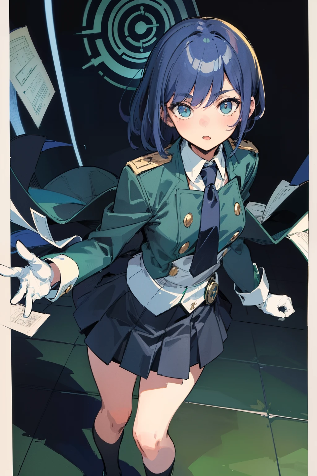 (best quality:1.3), (masterpiece:1.3), (illustration:1.3), (ultra-detailed:1.3), ((Best quality)), oki aoi, blue hair, green uniform, black necktie, gloves, green coat, black skirt, standing, knee-high socks, teenager, gloves