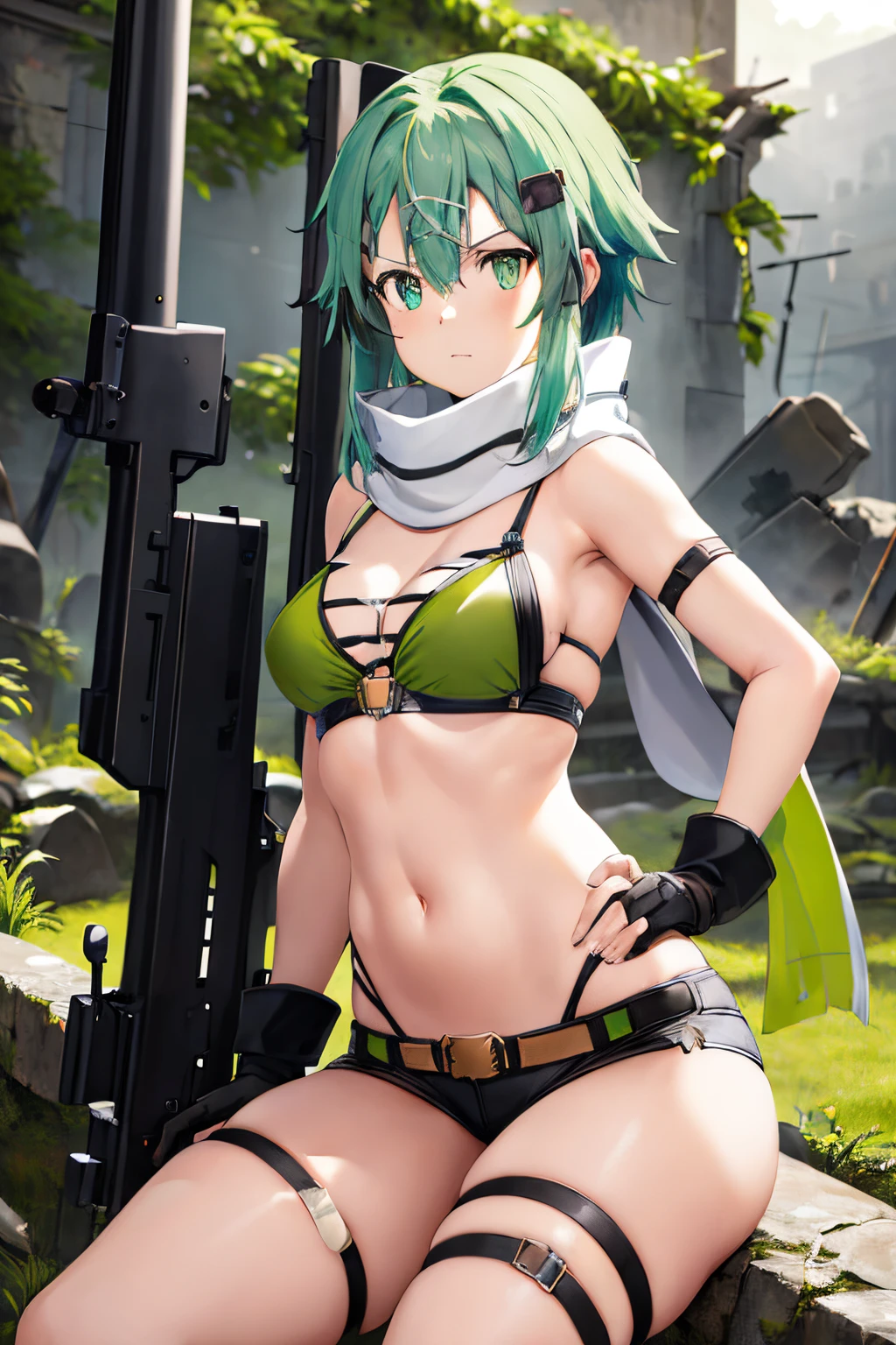 masterpiece, best quality, high resolution, 1girl, sinon1, scarf, fingerless gloves, green with black bikini, hair ornament, hair clip, thigh strap, cowboy shooting, holding gun, sniper rifle, ruins, sitting , hands on hips, worried, curvy, little waist, chubby, face red with embarrassment, surrounded by people