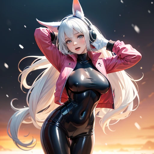 (RAW photo, best quality, masterpiece:1.2), (realistic, photo-realistic:1.4),(masterpiece:1.4),(best quality:1.4),1girl, solo, :d, animal ear headphones, animal ears, arms up, bangs, blush, bodysuit, breasts, bunny pose, clothes writing, covered navel, cowboy shot, cropped jacket, fake animal ears, gloves, outdoor,morning,snow, hair intakes, headphones, impossible bodysuit, impossible clothes, jacket, large breasts, latex, latex bodysuit, long hair, long sleeves, looking at viewer, large breasts, multicolored gloves, open mouth, pink bodysuit, pink eyes, red eyes, red jacket, shiny clothes, shrug \(clothing\), sidelocks, skin tight, smile, thigh gap, thighs, twintails, very long hair, white gloves, white hair,alice \(nikke\),(shiny skin),realistic,nude