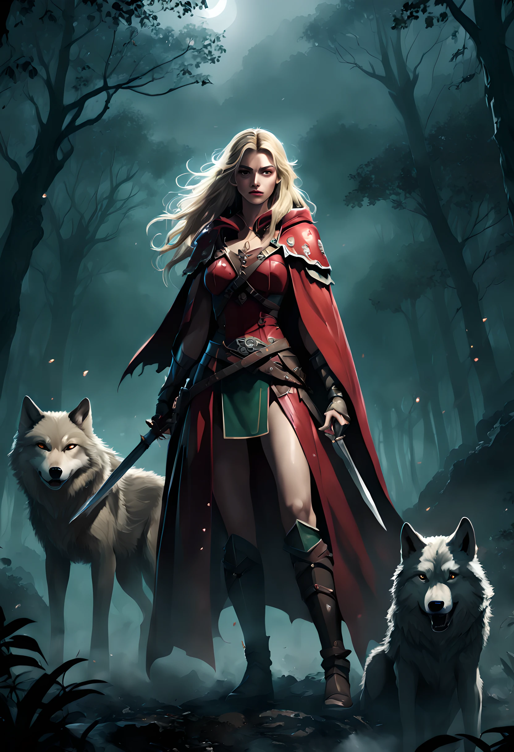 (embroidery artwork: 1.5), masterwork art, ultra wide shot, RAW, a picture of female human ranger and her wolf pet, the ranger, an exquisite beautiful human woman, long blond hair, braided hair, green eyes, wearing leather armor, wearing (red cloak: 1.1), armed with a (sword: 1.3), wearing laced boots, standing in a dark forest at night, (mist rising from the grounds: 1.3), a sense of dread and fear, yet she stands defiant and fearless, her wolf pet stands near her, protecting her, dark fantasy forest background, best quality, 16k, [ultra detailed], masterpiece, best quality, (ultra detailed), full body, ultra wide shot,