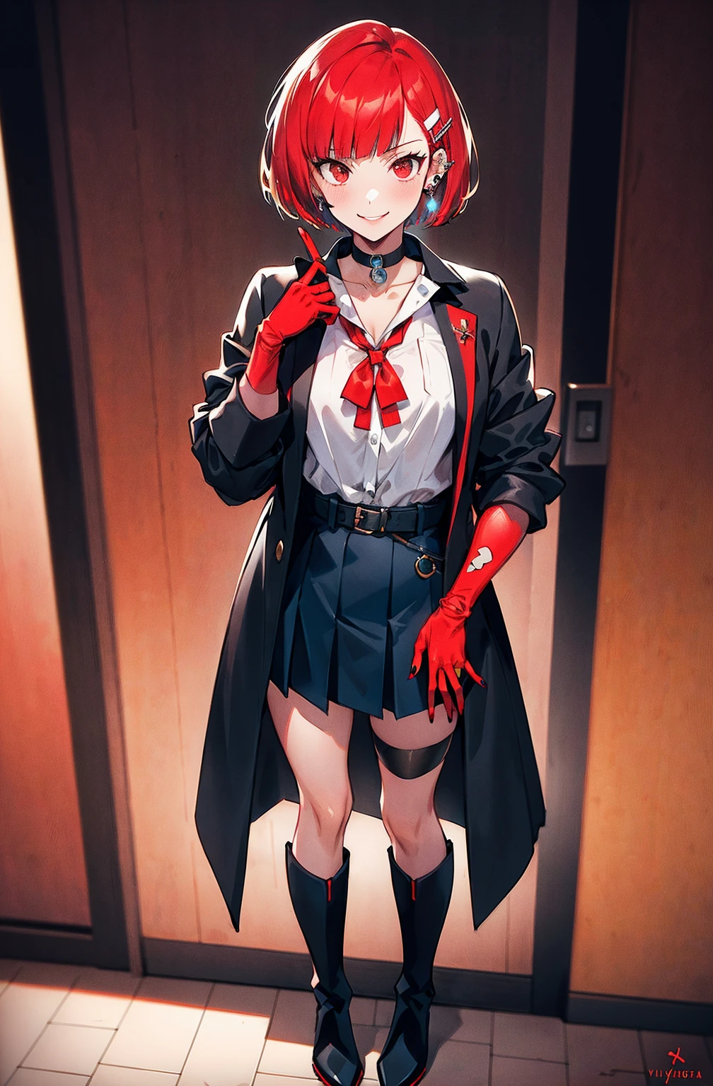 in the style of persona 5, smal breast, delinquent, (sukeban), mature_female, blush, mature, older woman, 25 years old, Sukeban teacher outfit, (1girl, solo female, solo, solo focus)++++, choker, sukeban school teacher, sukeban school fighter, long_sleeves, open jacket, blue jacket, jean, light skin tone female, full body, jacket, biker jacket, tape, arm_support, gloves, red_gloves, bridal gauntlets, nail polish, boots, hioots, black_footwear, fighter outfit, full body, hourglass, mature face, cheeky smile, cheeky face, wrinkles, (red hair, short hair, bob cut, earrings, ear piercings), red eyeighting art, Martial arts, standing, fighting_stance, fight, fighting), extra colors, 2D, megapixel, perfectionism, accent lighting, full HD , (Masterpiece:1.2), (full-body-shot:1),(cowboy shot:1.2), (Highly detailed:1.2),(Detailed Face:1.2), Colorful, A detailed eye, (Detailed landscape:1.2), (natural lighting:1.2), ((sukeban school teacher)) by Vincent Di Fate: Aidyllery, Anamorphic Shot, rule of thirds, face by Artgerm and WLOP,