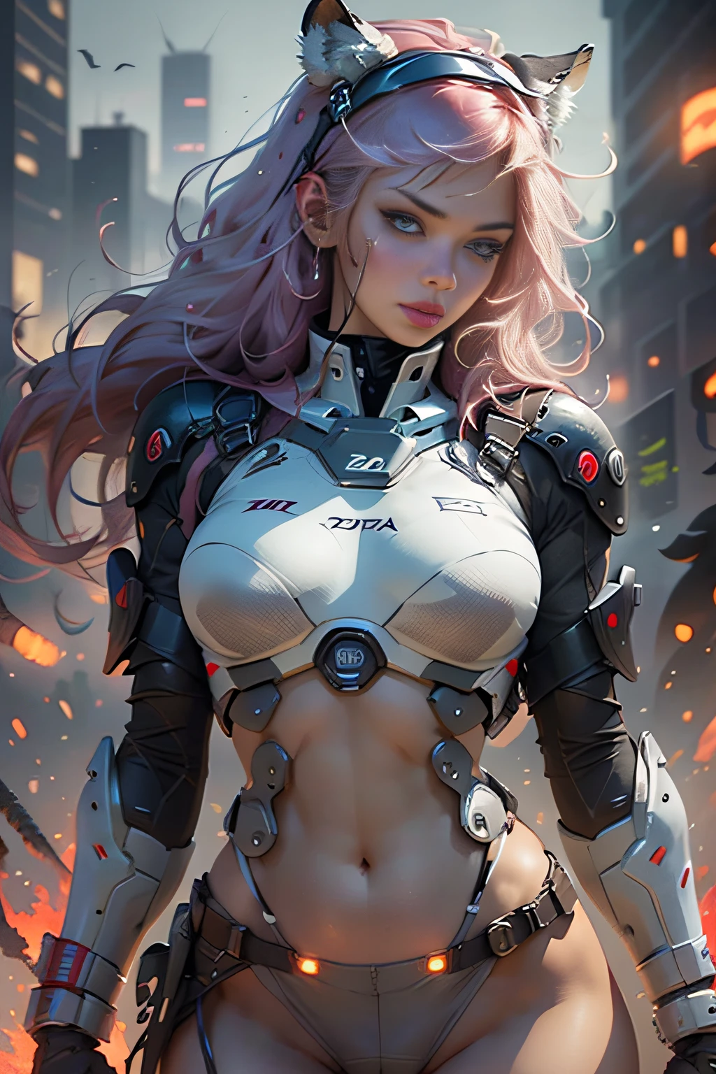 1 milf, 美丽的面容, big eye, large full breasts, cybernetic body parts, Short underwear, Cowboy Shot, (Background with: futuristic cyberspace battlefield), (depth of fields), masterpiece, Realistic, impossible details, top-quality