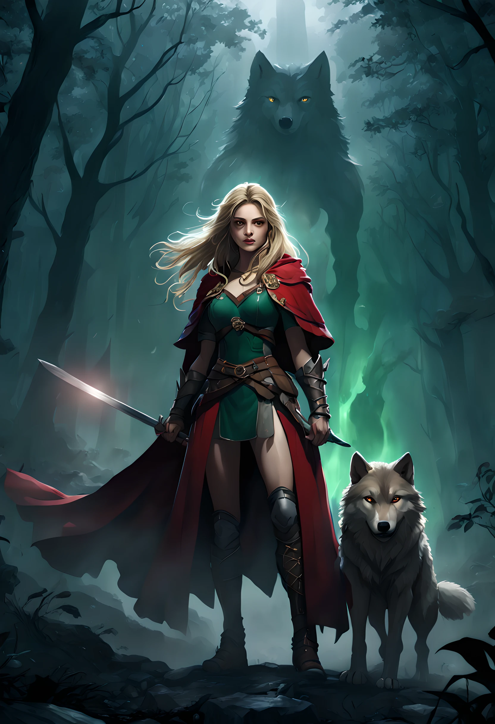 (embroidery artwork: 1.5), masterwork art, ultra wide shot, RAW, a picture of female human ranger and her wolf pet, the ranger, an exquisite beautiful human woman, long blond hair, braided hair, green eyes, wearing leather armor, wearing (red cloak: 1.1), armed with a (sword: 1.3), wearing laced boots, standing in a dark forest at night, (mist rising from the grounds: 1.3), a sense of dread and fear, yet she stands defiant and fearless, her wolf pet stands near her, protecting her, dark fantasy forest background, best quality, 16k, [ultra detailed], masterpiece, best quality, (ultra detailed), full body, ultra wide shot,