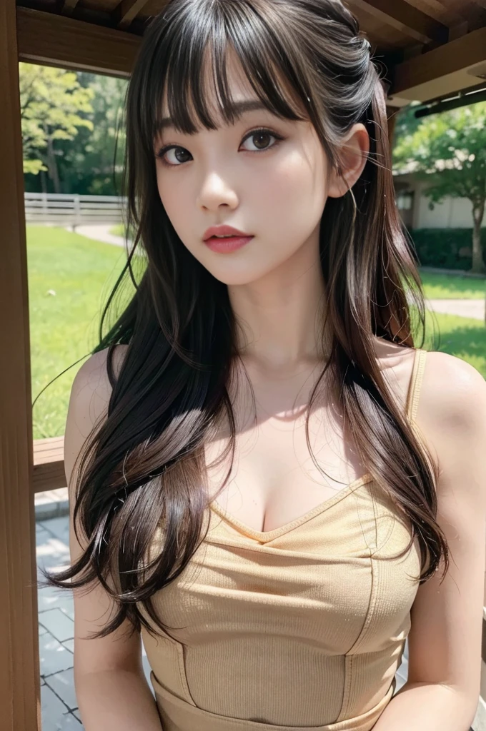 (Hight Resolution:1.3), (8K, Photorealcitic, Raw-Photo, The highest image quality: 1.4), Japanese people, (1girll), beautifull face, (Vivid bangs wavy hair:1.3), beautiful hairstyle, RealisticEyes, beautiful-detailed eyes, (Real looking skin), Beautiful skins, Enticing, 超High resolution A, A hyper-realistic, hoog detail, Golden proportions,looking at the photographer、