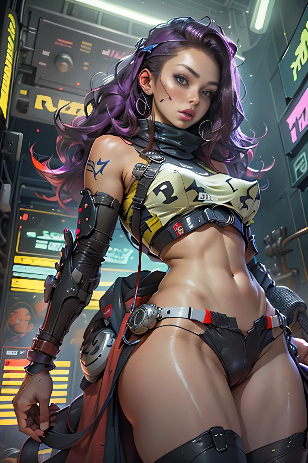 1 milf, 美丽的面容, big eye, large full breasts, cybernetic body parts, Short underwear, Cowboy Shot, (Background with: futuristic cyberspace battlefield), (depth of fields), masterpiece, Realistic, impossible details, top-quality
