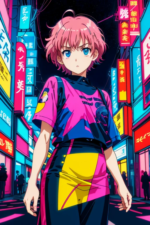 masterpiece, best quality, 1girl, kyoto animation, night, neon lights, looking at viewer, worried expression, frowned eyebrows, vector illustration, 80s clothing, short hair, bangs, 80s, synthwave, abstract background, manga, 80s anime, retro poster, pop-art, halftones