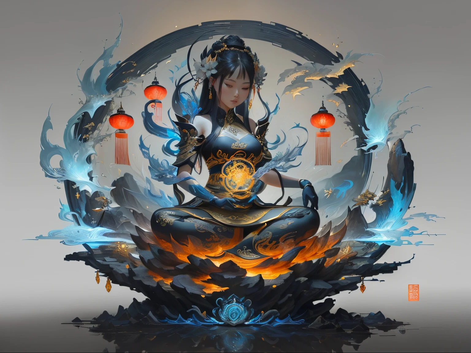 There is a woman sitting on a lotus in the painting、holding fire, guanyin of the southern seas, Asian Woman Water Elemental, deviantart art station cgscosiety, Avalokitesvara, onmyoji detailed art, Elemental guardian of life, deviantart art station, japanese lightning goddess, an ancient Chinese goddess, Zen meditation, concept art illustration