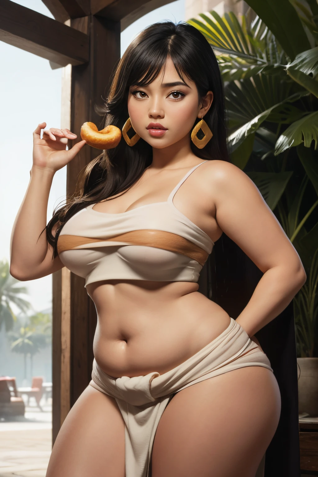 masterpiece, (photorealistic), (8k wallpaper) , (best quality), perfect quality, solo, (detailed eyes:0.9), girl, Chel, eating donut, latin, face : ( very beautiful face, cute face, thin face, perfect face ), figure: (very full figure, sexy, sexy pose, very thicc, curvy, chubby, chubby belly, navel, love handles, muffin top, chubby belly), clothes : ( tight loincloth )