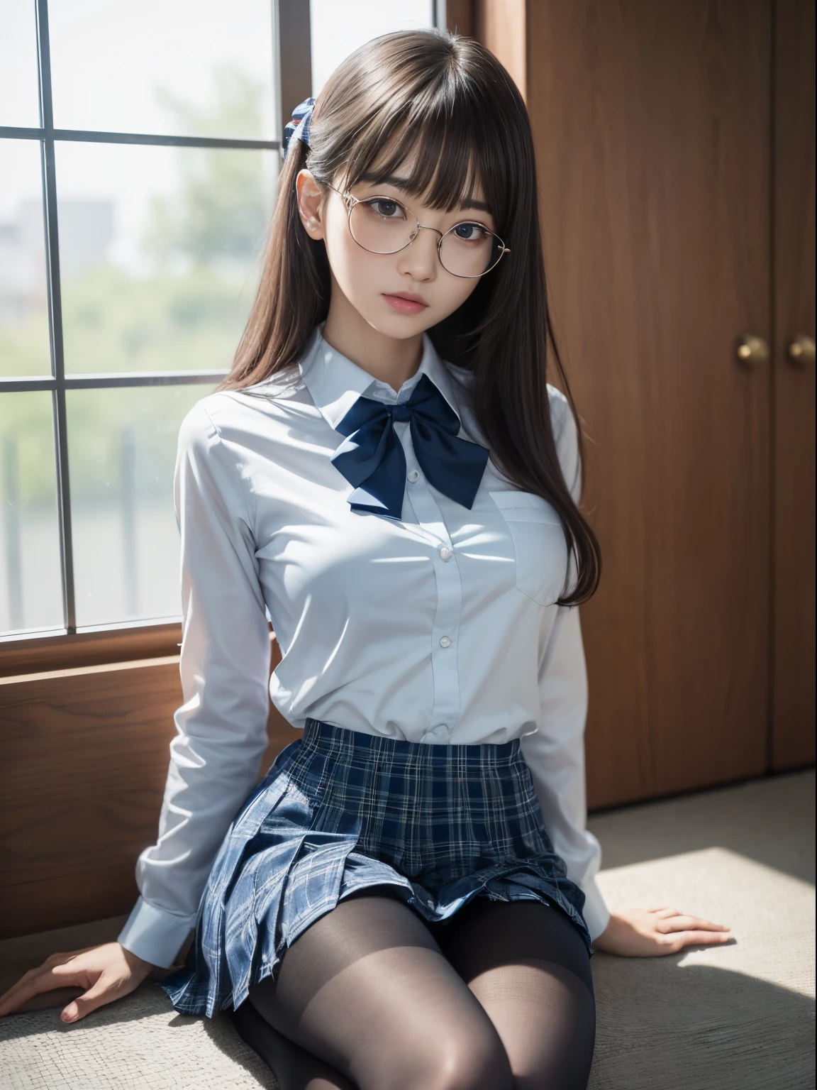 (itting open legs)、(I see underwear)、((Narrow-eyed))、((Narrow-eyed))、((Narrow-eyed))、(8K、Raw photography、top-quality、masterpiece:1.2),、Has a small、(flat breast)、(flat breast)、(flat breast)、(flat breast)、(flat breast)、(being thin)、light skinned、skin whitening、Dark look、Rasping,glamor,Chromo-white skin,cocky,School,watching at viewers,Looking at the front,Muchimuchi,High-pitched clothing,Erotic,Pupils,de pele branca,kne,((Black pantyhose)),absurderes,a small face,,Forehead visible,Bangs hanging from the left and right sides of the forehead,(a cold expression,Tight eyes,glares,Bullish,irate)、masterpiece,top-quality、超A high resolution,Raw photo,ren,Beautiful fece,One Person, 独奏,eye glass,,Dark look,Small breasts,fullllbody,Round glasses,JK school uniform,hi-school girl,A Japanese Lady, (Photorealsitic:1.37)、Photon mapping,Realistic、Beautie,Cute little face,Brown-eyed、Black socks、(Red bow tie)、Radio City、Physically Based Rendering、depth of field rally background、a picture,Body,beauty legs, Long legs, Thin leg,(Bangs are visible), hair, s lips, Blue_The eye, nosesoft,(Light blue shirt), (Navy and blue and white plaid pleated skirt), Knees are visible,Sheer clothing,, Thigh, Black cotton socks,Nogizaka Idol, , Japanese ido