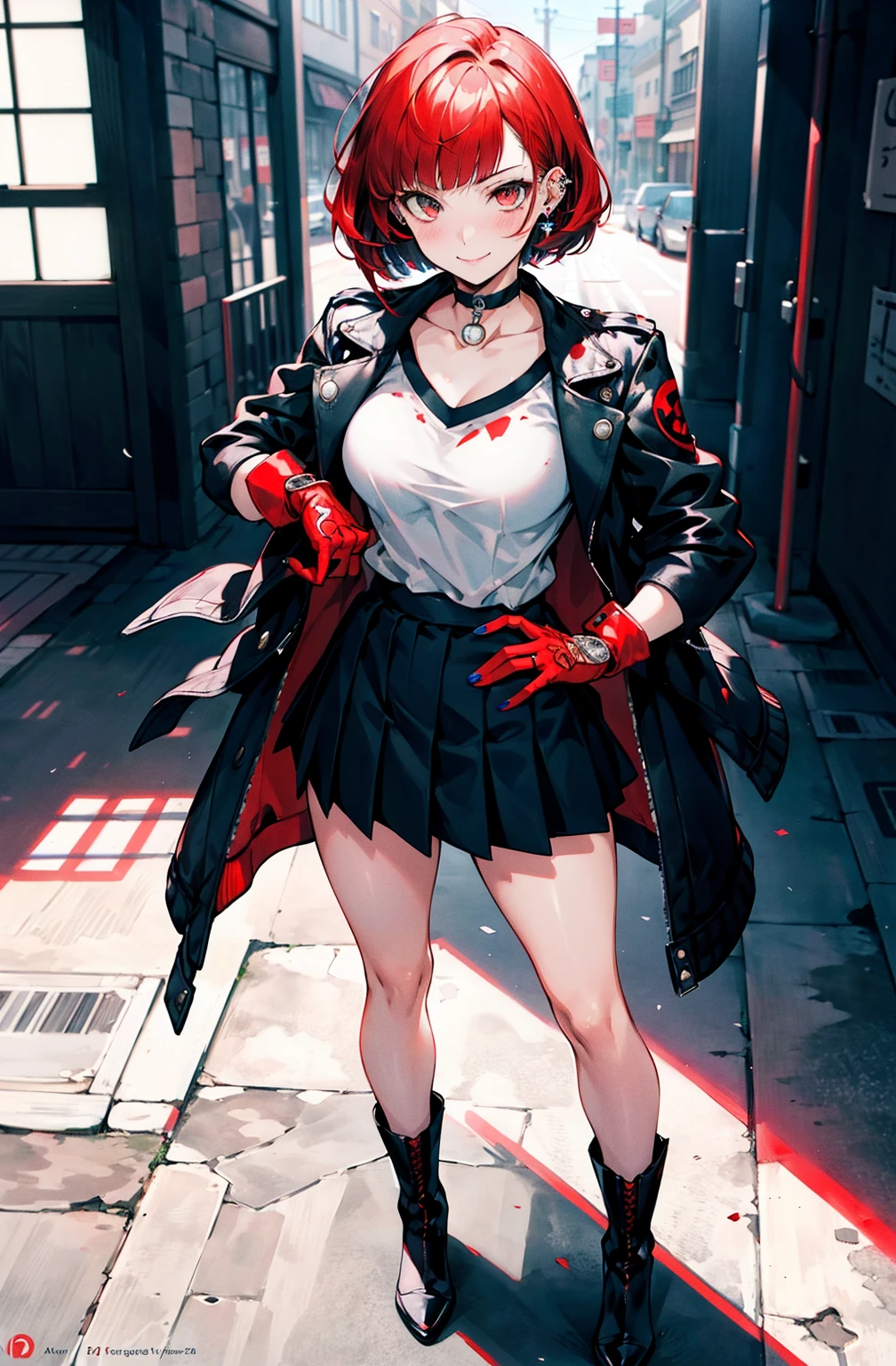 in the style of persona 5, smal breast, delinquent, (sukeban), mature_female, blush, mature, older woman, 25 years old, Sukeban teacher outfit, (1girl, solo female, solo, solo focus)++++, choker, sukeban school teacher, sukeban school fighter, long_sleeves, open jacket, blue jacket, jean, light skin tone female, full body, jacket, biker jacket, tape, arm_support, gloves, red_gloves, bridal gauntlets, nail polish, boots, hioots, black_footwear, fighter outfit, full body, hourglass, mature face, cheeky smile, cheeky face, wrinkles, (red hair, short hair, bob cut, earrings, ear piercings), red eyeighting art, Martial arts, standing, fighting_stance, fight, fighting), extra colors, 2D, megapixel, perfectionism, accent lighting, full HD , (Masterpiece:1.2), (full-body-shot:1),(cowboy shot:1.2), (Highly detailed:1.2),(Detailed Face:1.2), Colorful, A detailed eye, (Detailed landscape:1.2), (natural lighting:1.2), ((sukeban school teacher)) by Vincent Di Fate: Aidyllery, Anamorphic Shot, rule of thirds, face by Artgerm and WLOP,