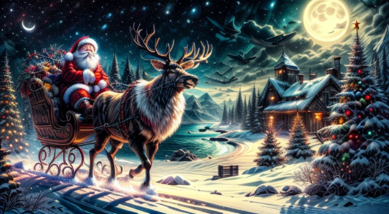 Zeus greek god as Santa Claus outfit post-apocalyptic world Ride a large, fierce, and formidable cyborg reindeer. Cross through the abandoned Atlantis empire ,a lot item around , Surreal, mysterious colorful