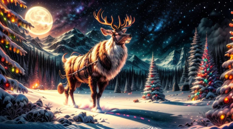 Zeus greek god as Santa Claus outfit post-apocalyptic world Ride a large, fierce, and formidable cyborg reindeer. Cross through the abandoned Atlantis empire ,a lot item around , Surreal, mysterious colorful