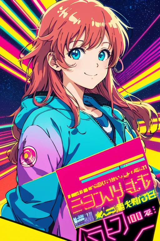 masterpiece, best quality, 1girl, city pop, akira, kyoto animation, kyoani, night, neon lights, looking at viewer, slight smile, excited face, vector illustration, 80s clothing, long hair, 80s, synthwave, abstract background, graphic, manga, 80s anime, retro poster