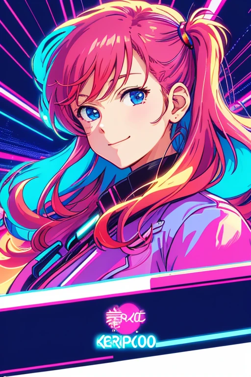 masterpiece, best quality, 1girl, city pop, akira, kyoto animation, kyoani, night, neon lights, looking at viewer, slight smile, excited face, vector illustration, 80s clothing, long hair, 80s, synthwave, abstract background, graphic, manga, 80s anime, retro poster